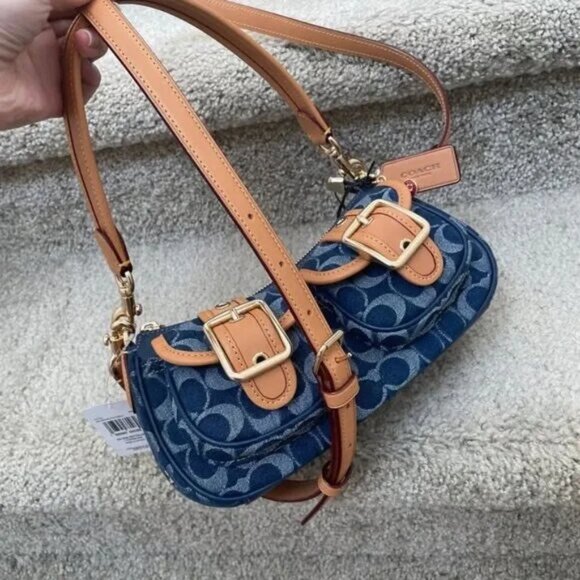 COACH Ashton Baguette Bag In Signature Canvas Denim/Brown CY700 - Picture 1 of 6